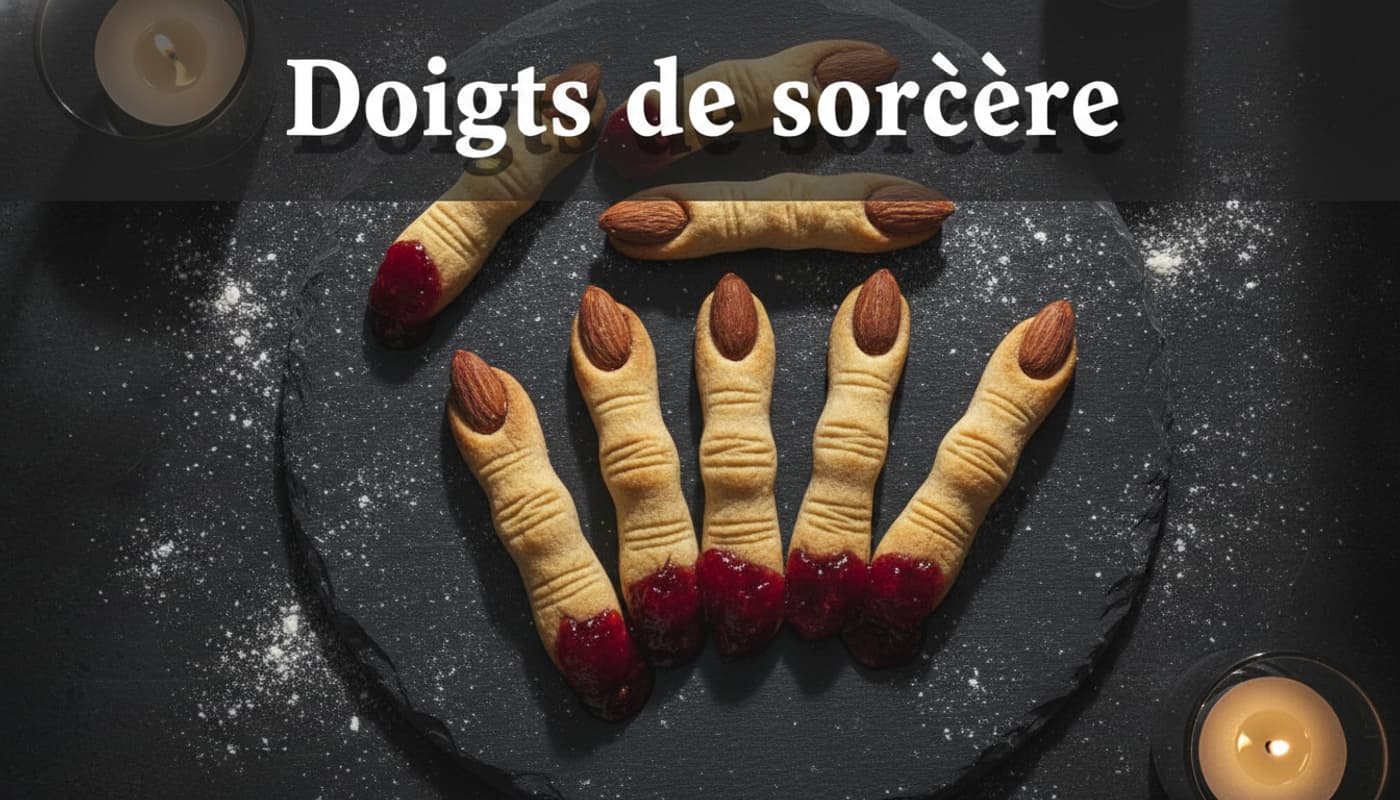 Biscuits en forme de doigts de sorcière disposés sur une ardoise sombre, avec des ongles en amande et du coulis de fraise imitant du sang, éclairés par une bougie tamisée, avec de la farine répandue et le texte 'Doigts de sorcière' superposé.