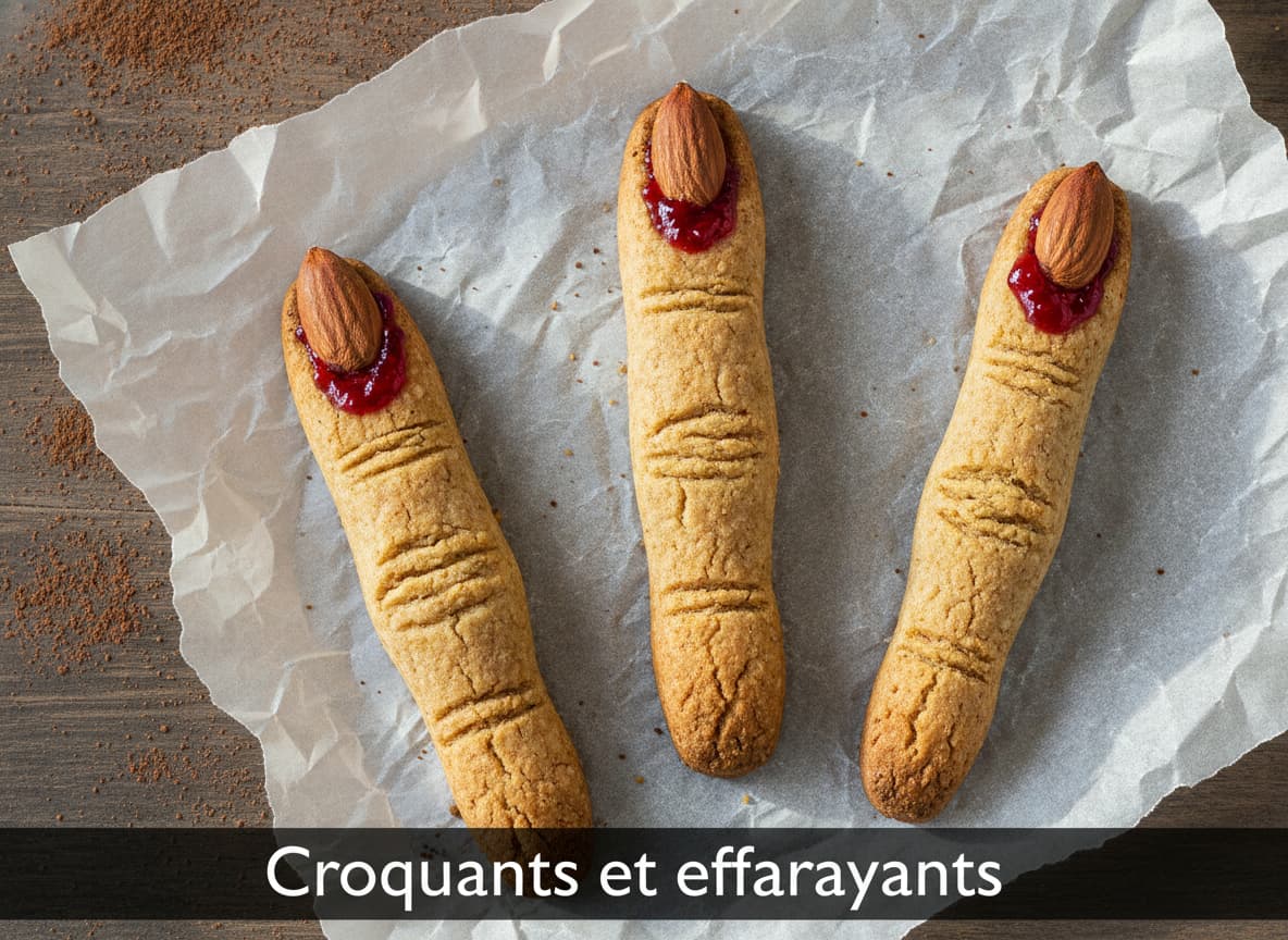 Premier plan de trois biscuits doigts de sorcière cuits sur du papier sulfurisé, avec des marques de jointures et des ongles en amande, une trace de confiture rouge, fond en bois rustique saupoudré de cacao, et texte 'Croquants et effrayants' sur une bannière sombre.
