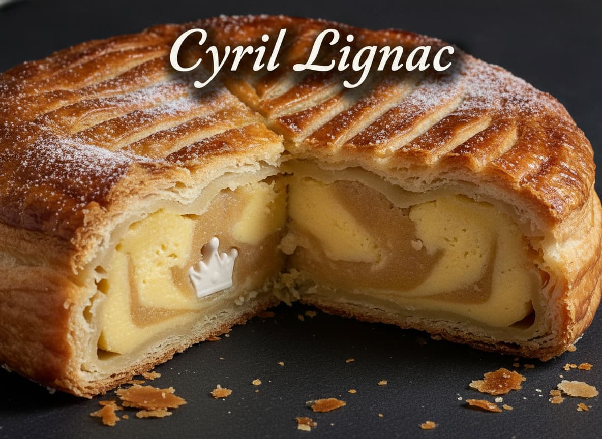 Coupe transversale d'une galette des rois révélant des couches de pâte feuilletée et une garniture crémeuse de crème pâtissière et de frangipane, sur fond d'ardoise noire, éclairage dramatique, avec le texte 'Cyril Lignac' incrusté en ombre portée.
