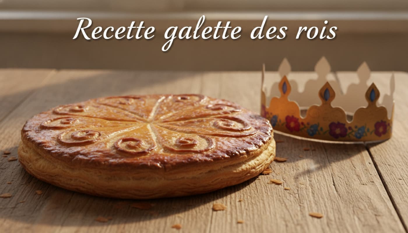 Close-up d'une galette des rois dorée sur une table en bois, avec une couronne en papier à côté.