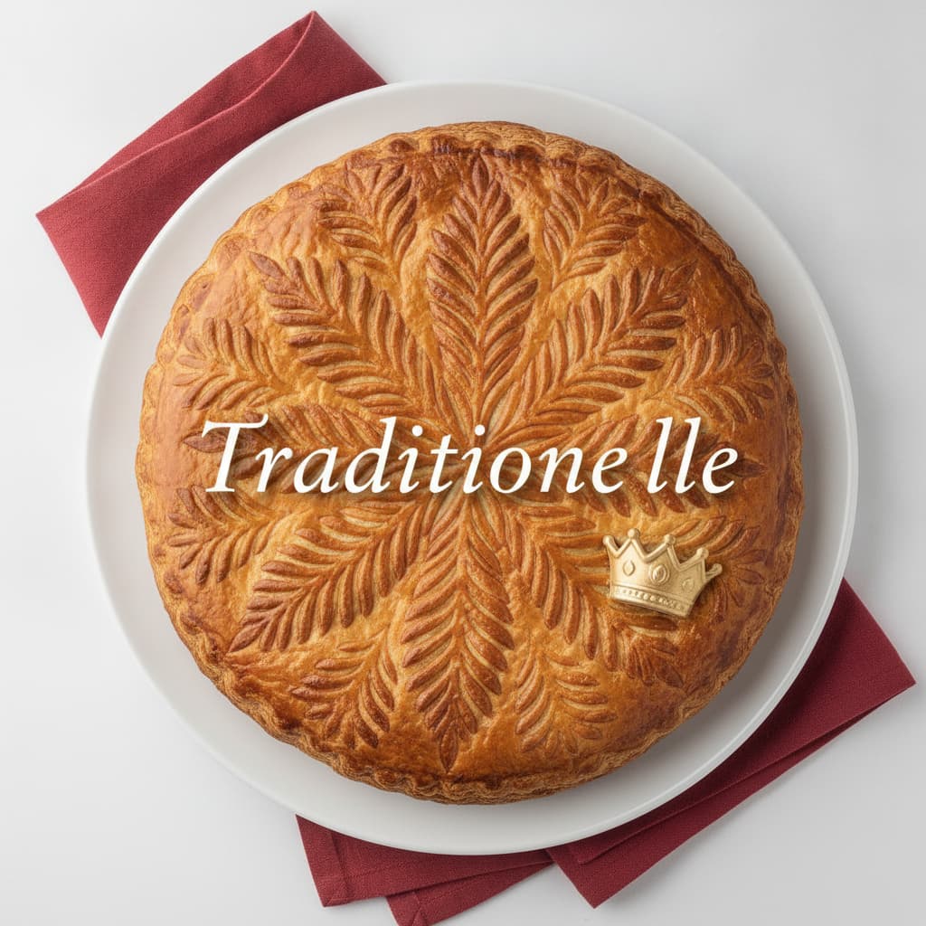 Galette des rois dorée avec motifs de feuilles et une fève apparente, posée sur une assiette blanche avec serviette rouge.