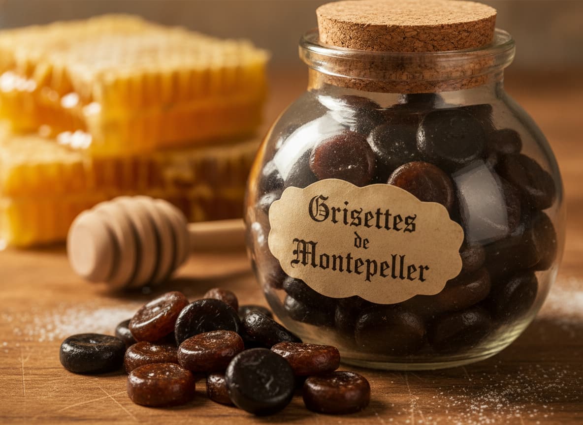 Bonbons Grisettes de Montpellier au miel et à la réglisse dans un bocal en verre avec bouchon en liège, dipper à miel et rayon de miel en arrière-plan.