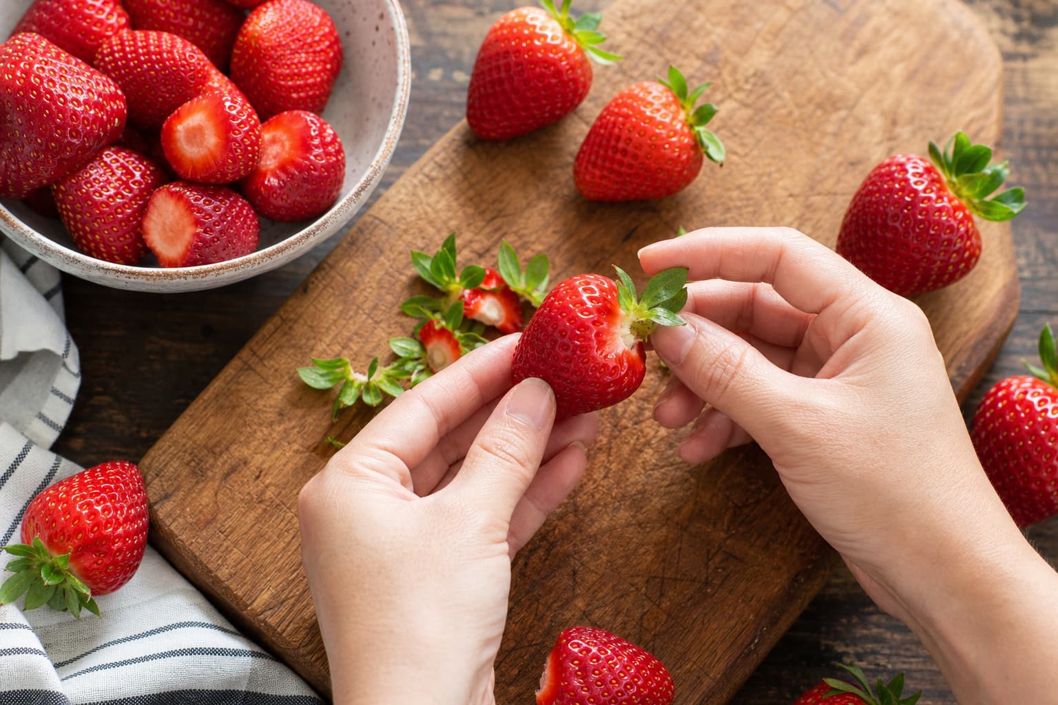 Mains équeutant des fraises rouges sur une planche en bois rustique, un bol de fraises équeutées dans un coin, sous une lumière naturelle vive.