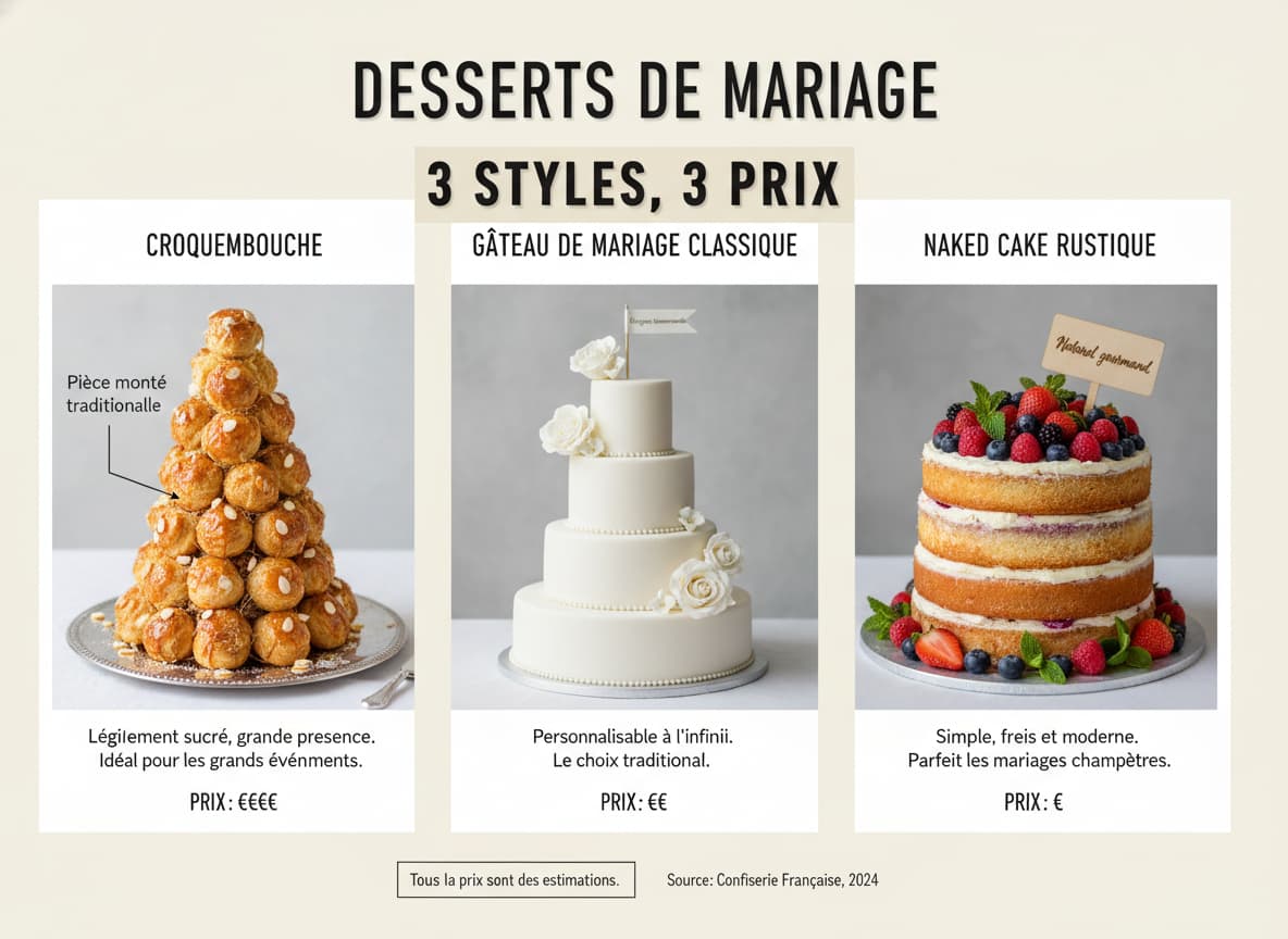 Infographie comparant trois desserts de mariage : une pièce montée croquembouche, un gâteau à étages blanc, et un gâteau rustique aux fruits rouges, avec le texte '3 styles, 3 prix' en superposition.