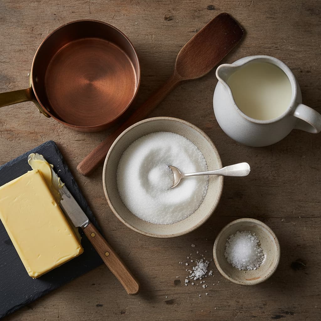 Vue de dessus d'une planche en bois brut avec un bol de sucre, un bloc de beurre demi-sel accompagné d'un couteau, un pichet de crème liquide, une coupelle de fleur de sel, une casserole en cuivre et une spatule en bois, le tout éclairé par une lumière naturelle douce.