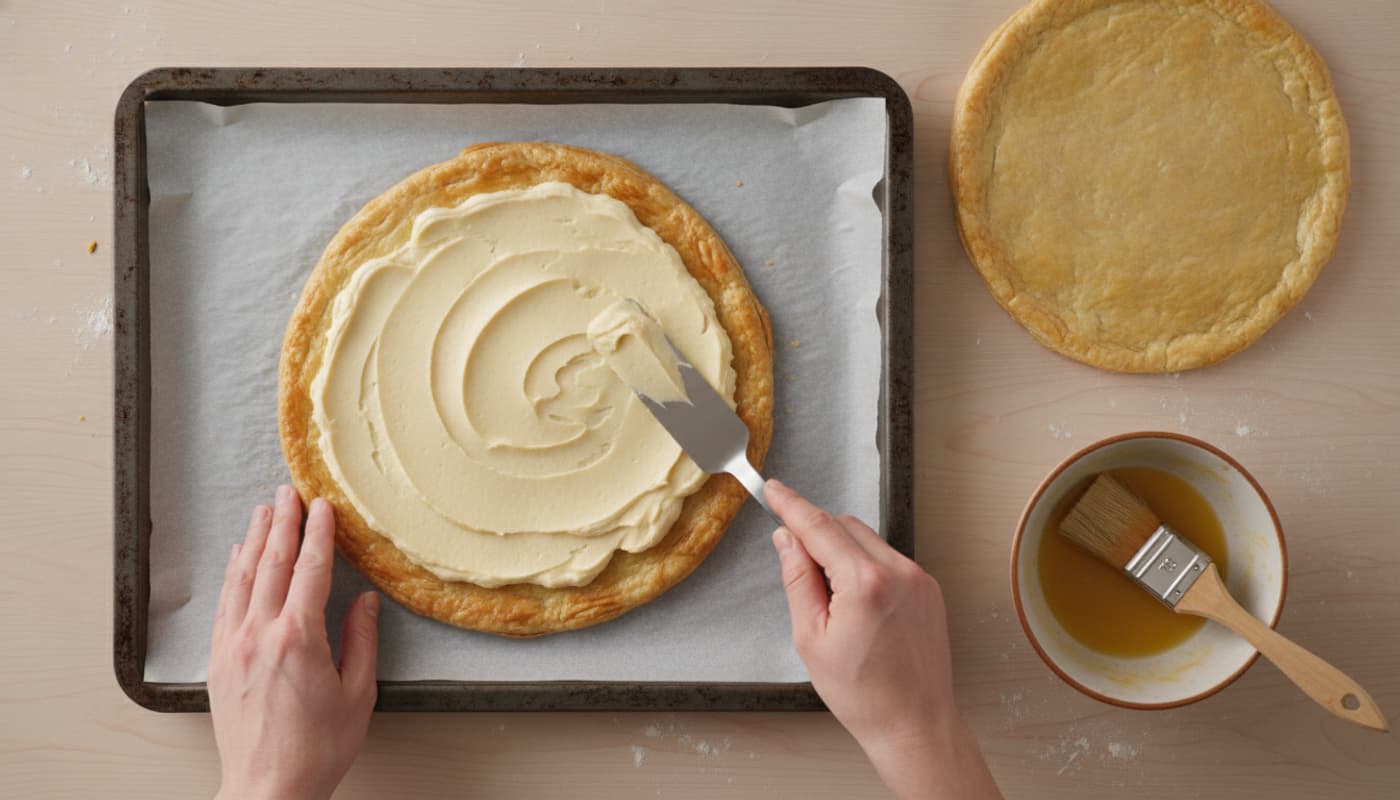 Vue de dessus de mains étalant la frangipane sur un disque de pâte feuilletée, avec un bol de dorure et un pinceau à côté, sur une plaque recouverte de papier sulfurisé.