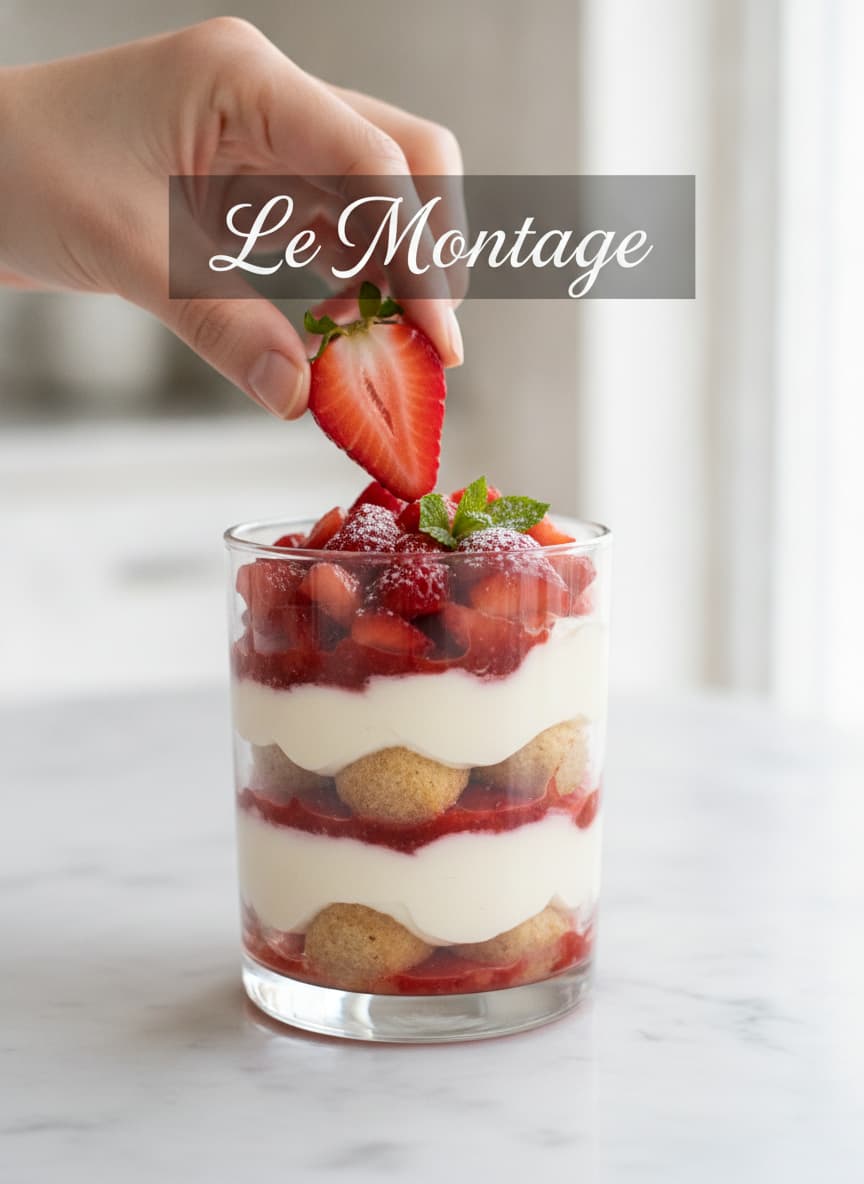 Une verrine en verre laisse apparaître des couches de biscuits imbibés, de crème mascarpone blanche et de fraises coupées alors qu