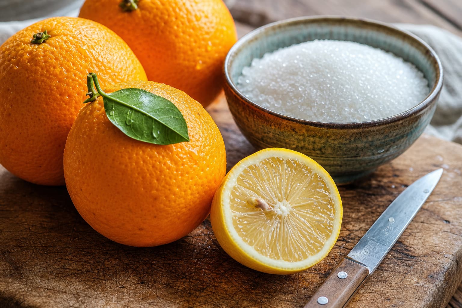 Des oranges fraîches et vibrantes, un bol de cristaux de sucre blanc et une moitié de citron reposant sur une planche à découper en bois usée, avec un petit couteau d