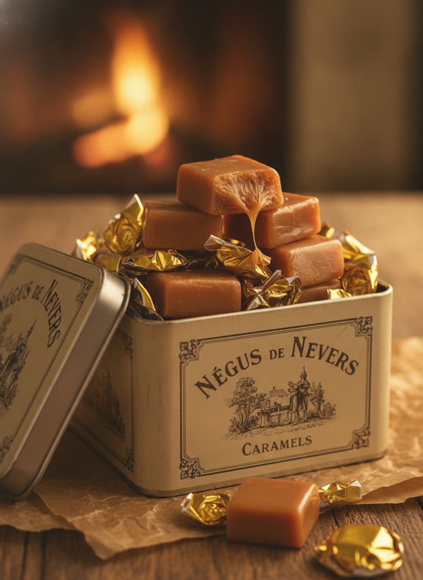 Une pile de caramels carrés Négus de Nevers dans leur boîte métallique, avec un caramel déballé montrant sa texture molle et moelleuse. Tons bruns chauds, éclairage douillet.