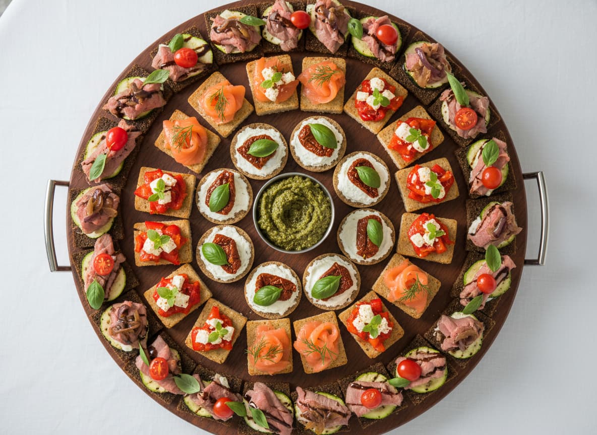 Plateau de 32 canapés variés disposés symétriquement avec différentes garnitures et pains