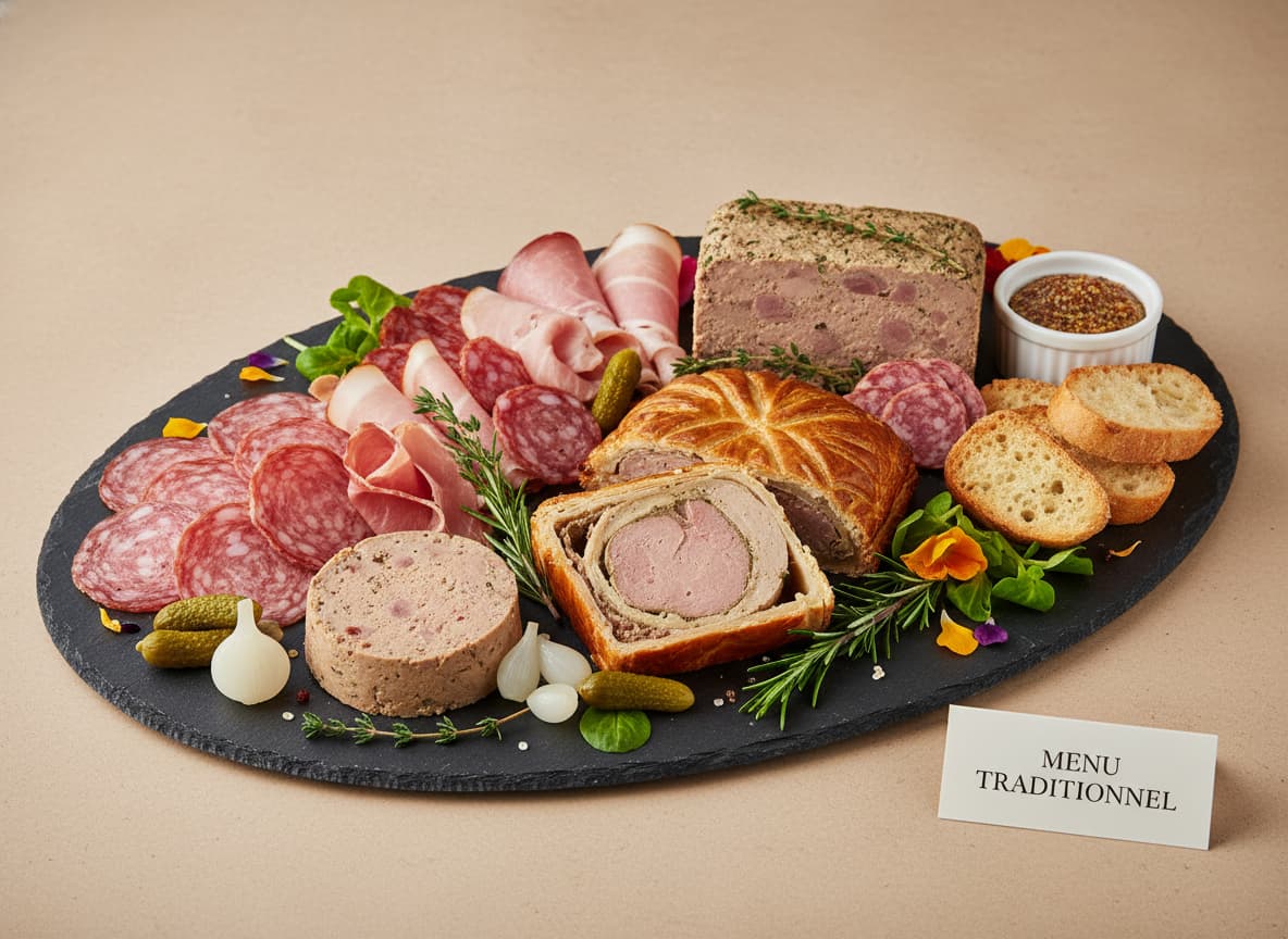 Plateau de charcuterie française et terrines présenté sur fond neutre avec éclairage professionnel.