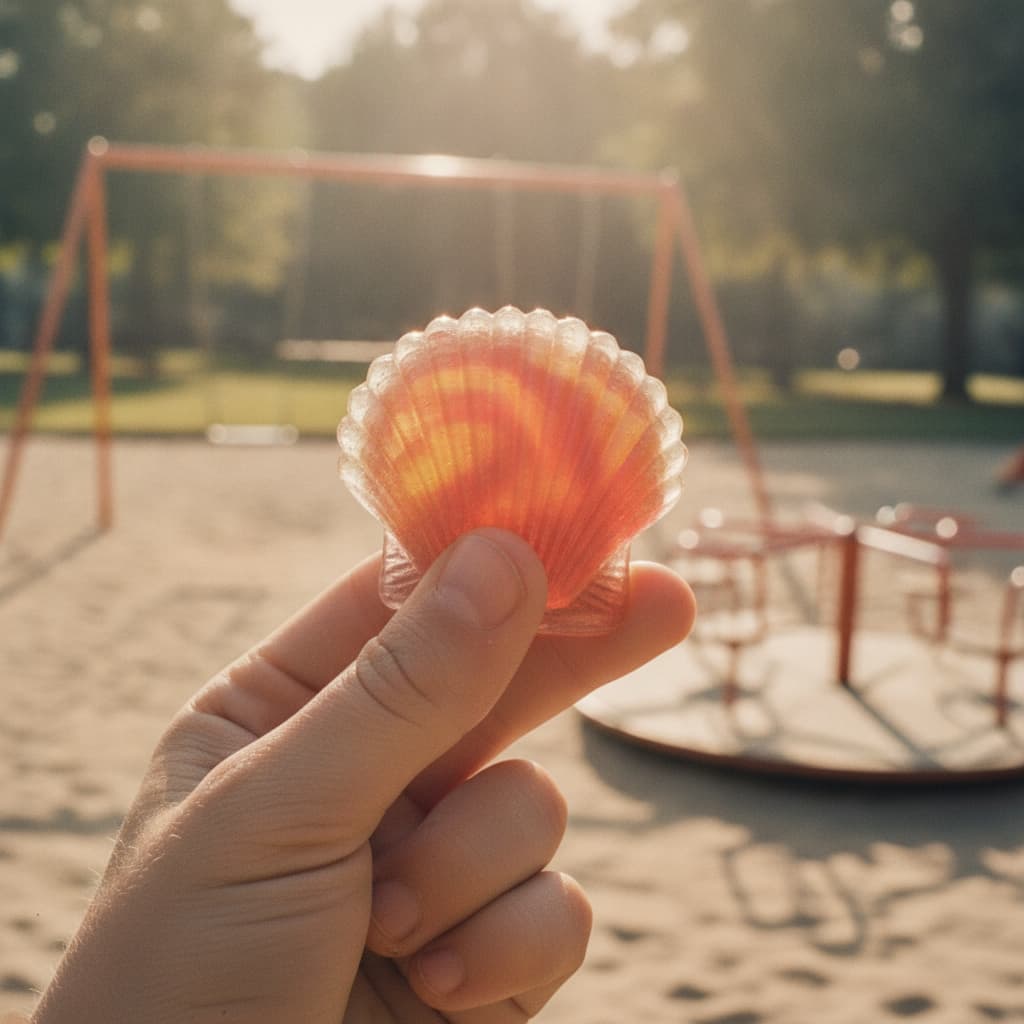 Premier plan d'un enfant tenant un Roudoudou, un petit coquillage en plastique rouge rempli de sirop multicolore, avec un arrière-plan flou de terrain de jeu ensoleillé.