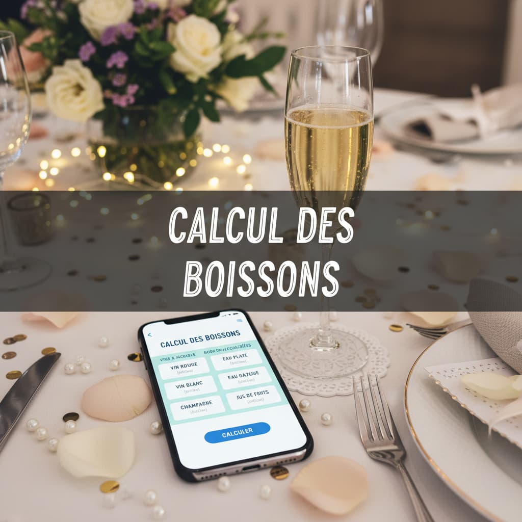 Un smartphone posé sur une table de fête à côté d'une coupe de champagne, affichant l'interface d'une application de calcul des boissons pour un mariage, avec le texte 'CALCUL DES BOISSONS' en superposition.