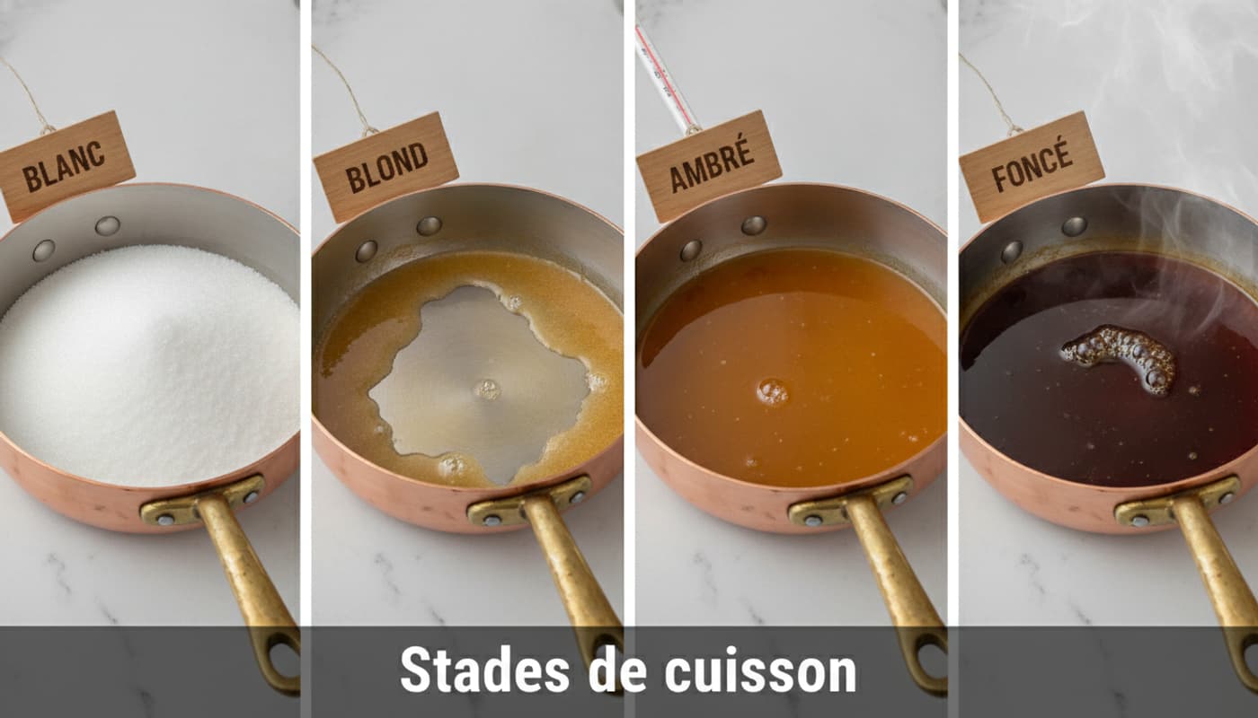 Quatre étapes de caramélisation du sucre dans une casserole en cuivre, allant du sucre blanc au caramel foncé, avec des étiquettes en bois et du texte 'Stades de cuisson' en bas.