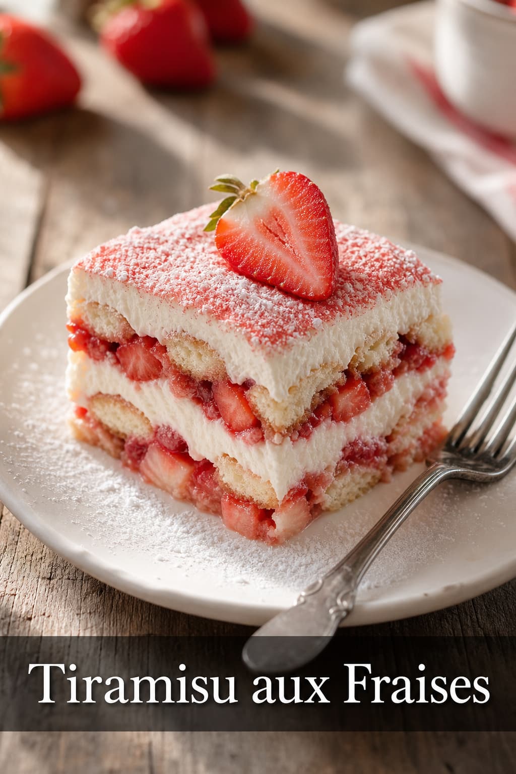 Une tranche de tiramisu aux fraises sur une assiette blanche, avec couches de biscuits et crème mascarpone, saupoudrée de sucre glace, sur un fond flou de table en bois avec une fourchette, et le texte superposé 