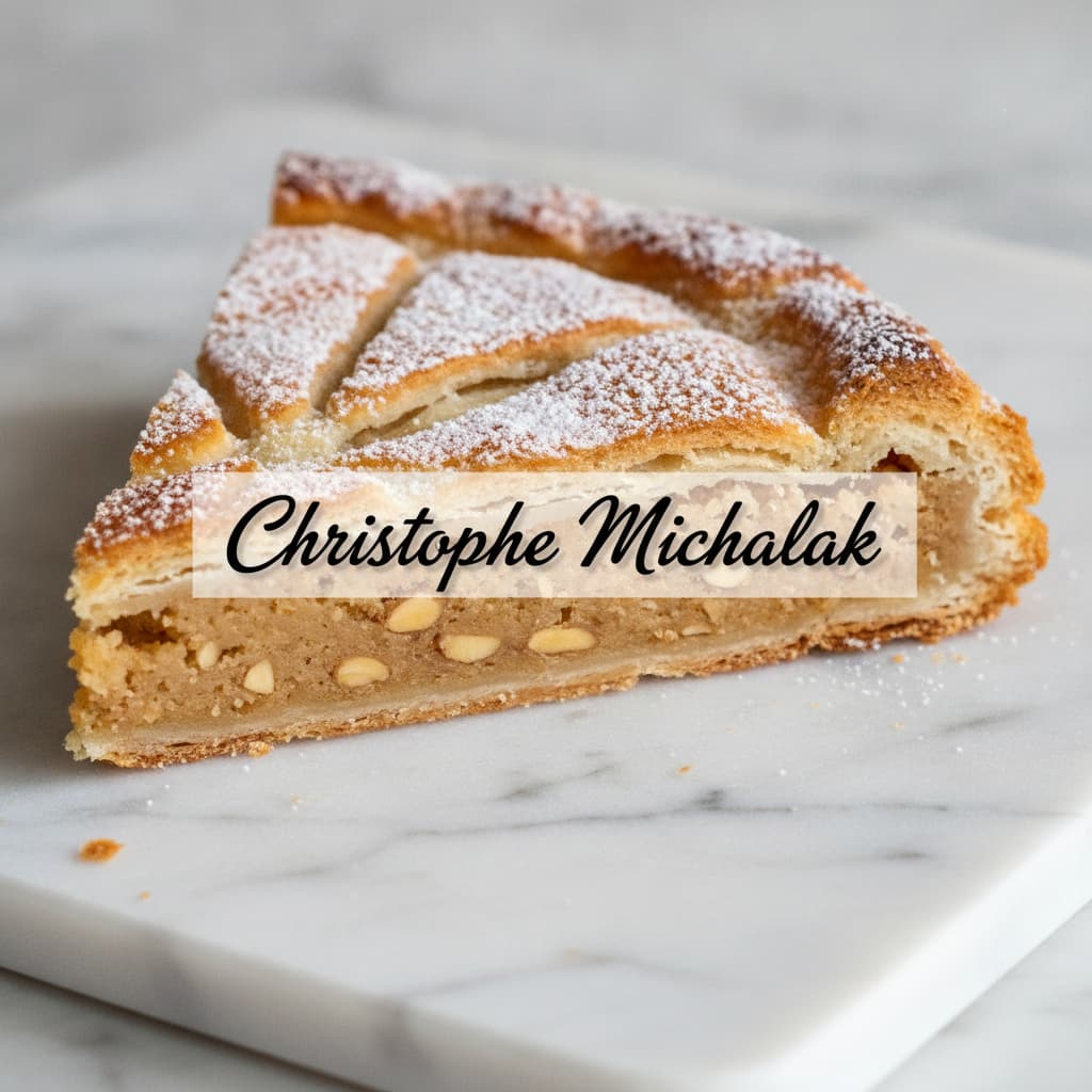 Tranche de galette des rois à la frangipane dorée aux amandes sur une planche de marbre saupoudrée de sucre glace, avec le texte Christophe Michalak en superposition.