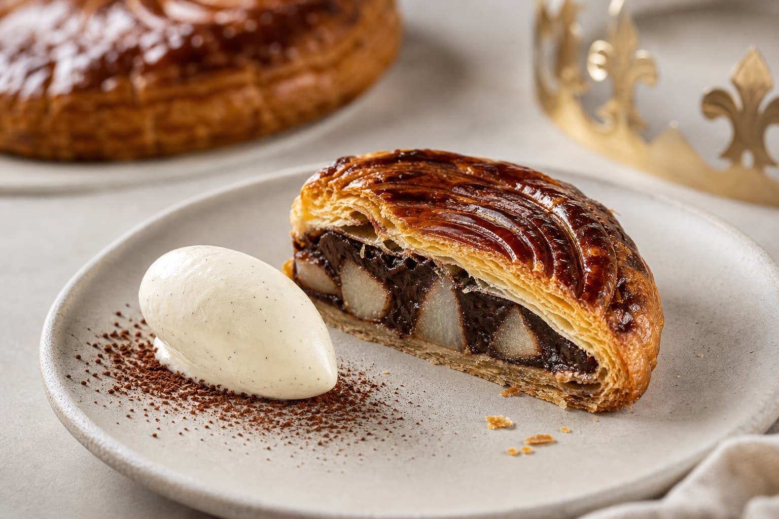 Tranche de galette des rois aux couches feuilletées garnie de ganache au chocolat et de morceaux de poire, accompagnée d