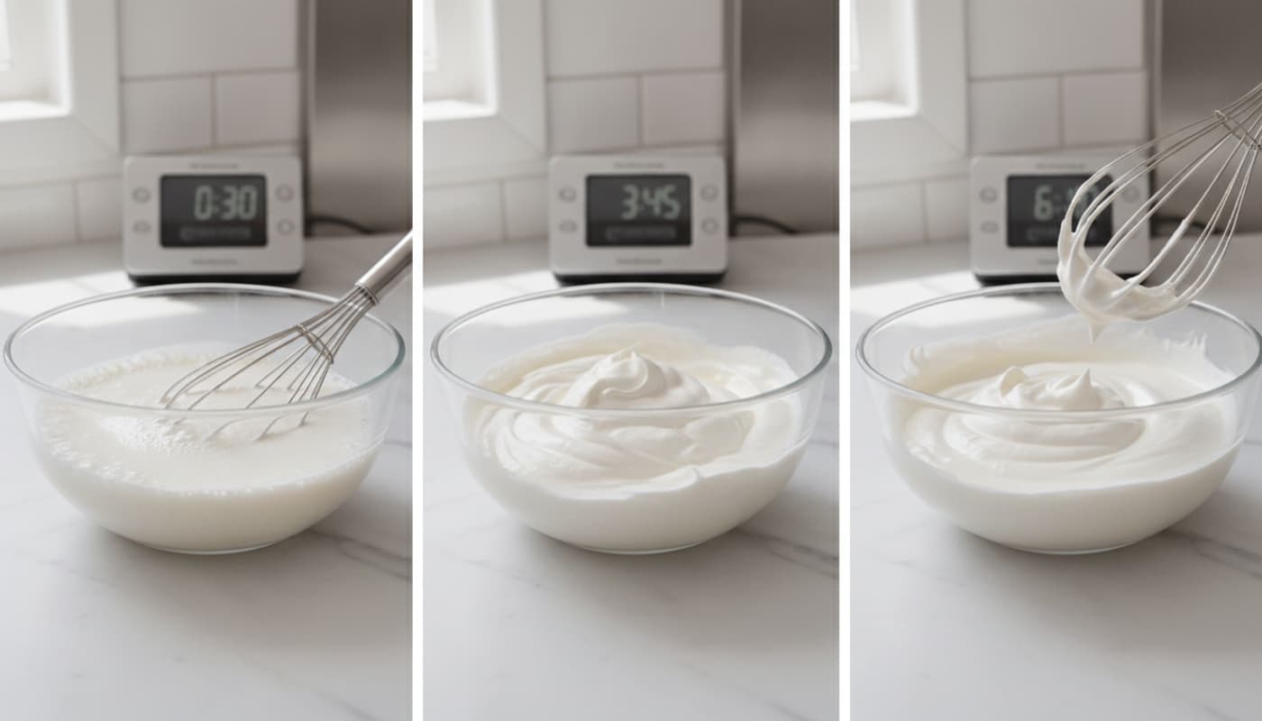 Séquence en trois panneaux montrant les étapes de la crème fouettée : premier panneau liquide avec bulles, deuxième crème molle, troisième pics fermes, avec un minuteur en arrière-plan dans une cuisine lumineuse.