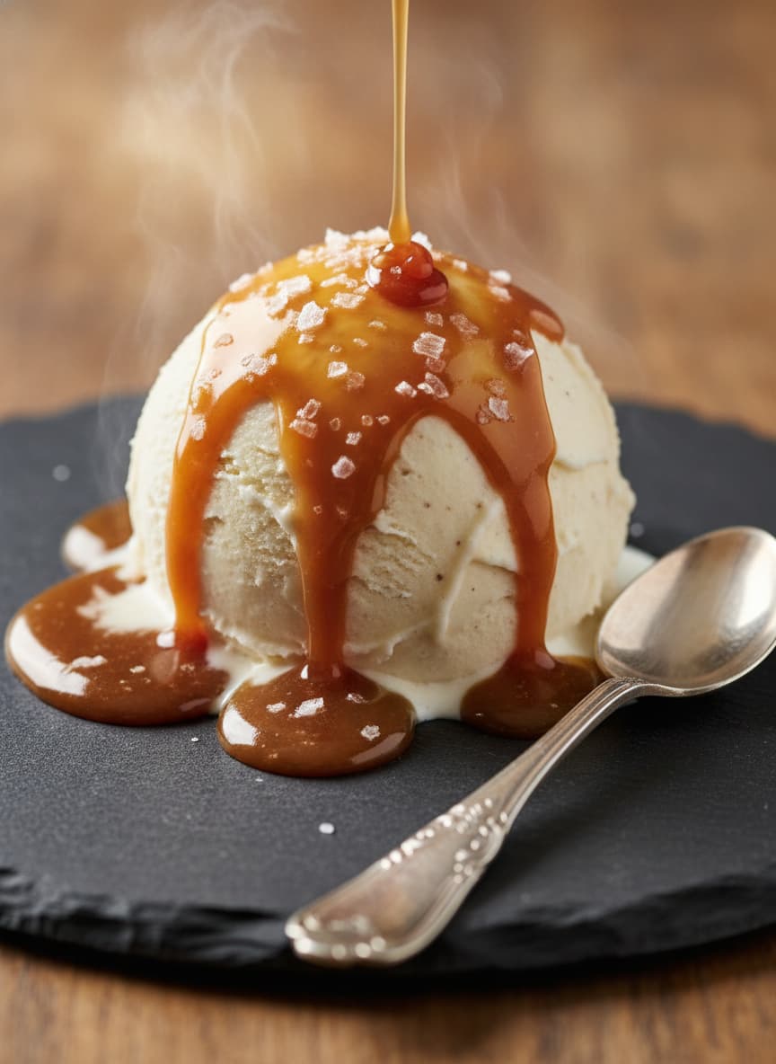 Un scoop de glace à la vanille nappé de caramel au beurre salé brillant sur une ardoise sombre, avec une cuillère en argent vintage, éclairage doré et faible profondeur de champ.