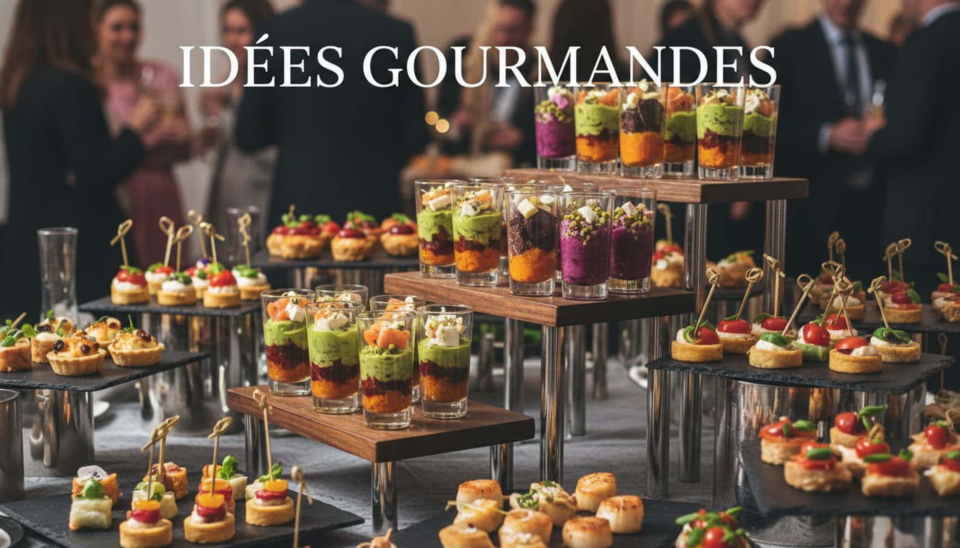 Verrines colorées et finger foods en couches d'avocat, saumon et betterave sur une table de buffet, avec l'inscription 'IDÉES GOURMANDES'.