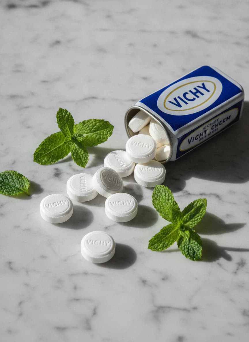 Pastilles octogonales blanc et bleu de Vichy dispersées sur une surface en marbre avec des feuilles de menthe fraîche.