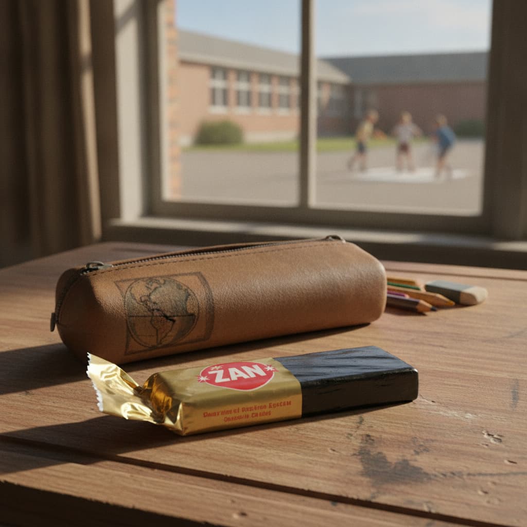 Une barre de réglisse Zan partiellement déballée sur un pupitre d'école à côté d'une trousse vintage, avec le logo Zan visible dans un cadre scolaire nostalgique.