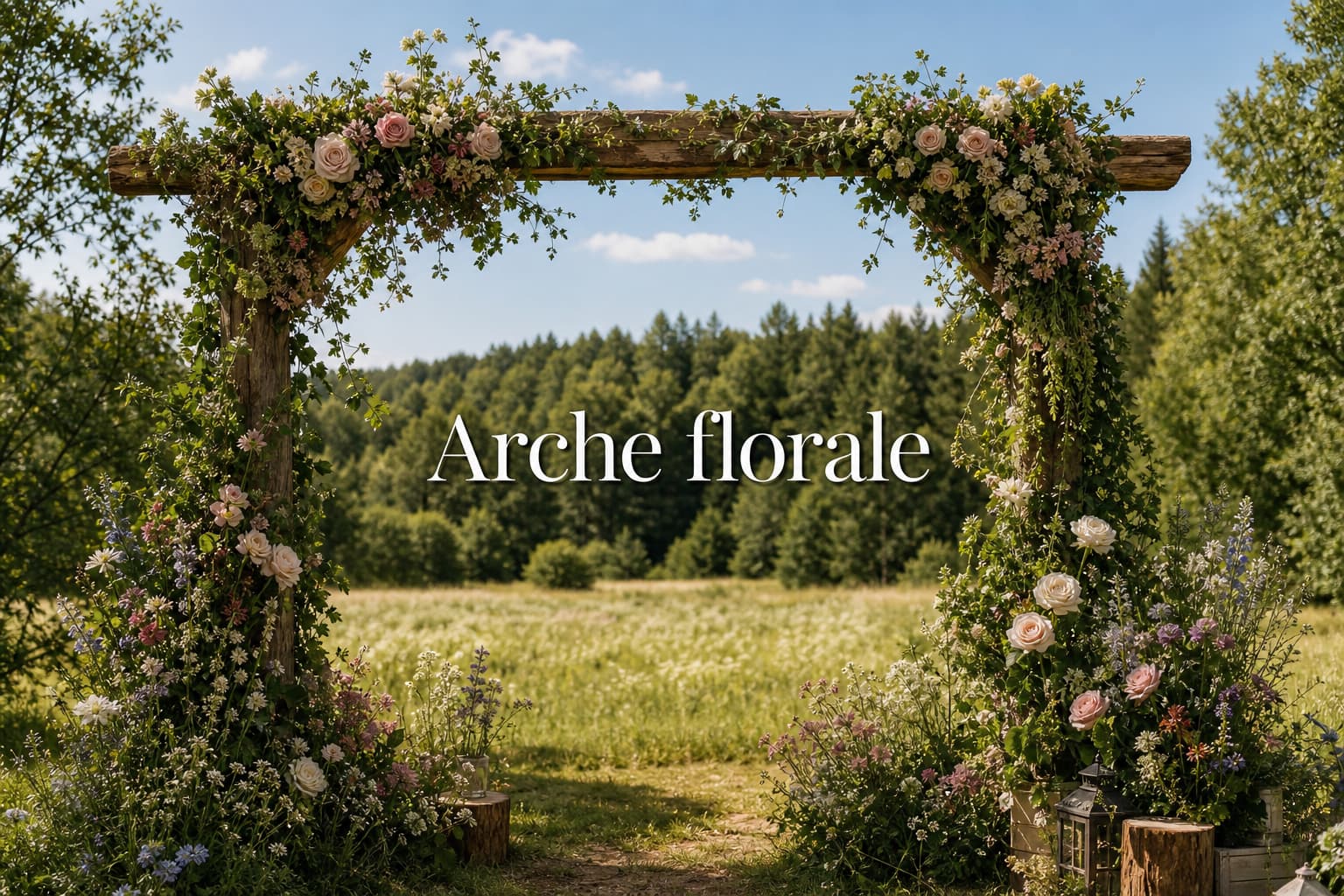Arche de mariage en bois ornée de lierre, roses et fleurs sauvages dans un pré
