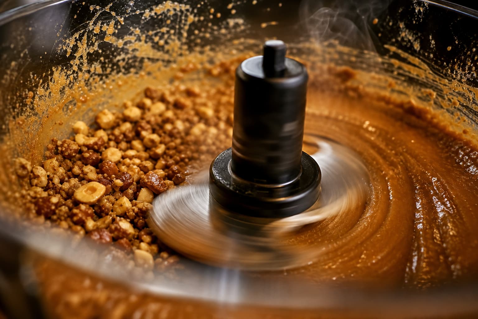Plan rapproché d’un bol de robot culinaire dont les lames tournent pour broyer des noisettes caramélisées en praliné, avec des projections de pâte sur les bords, un flou cinétique et de la vapeur sous un éclairage chaleureux.