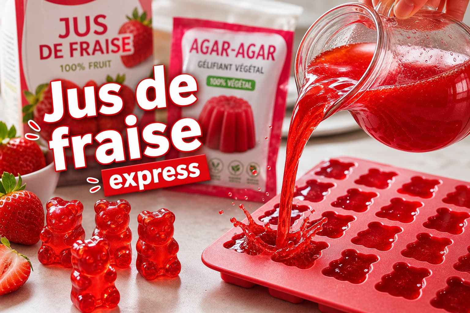 Un petit pichet verse des bonbons gélifiés translucides à la fraise dans des moules en silicone en forme d