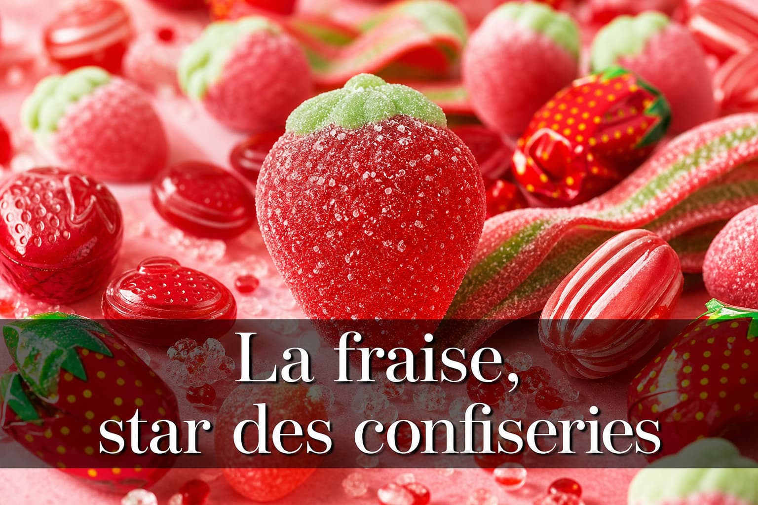 Assortiment coloré de bonbons à la fraise sur fond rose, avec une confiserie gélifiée rouge au centre entourée de bonbons durs, ceintures acidulées et guimauves, et le texte 