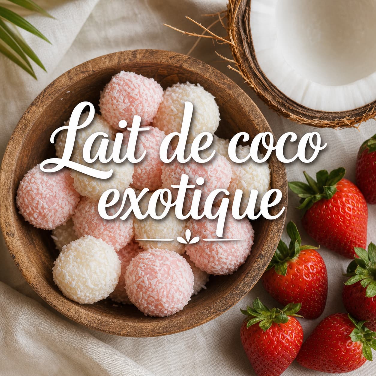 Bonbons crémeux à la fraise et au lait de coco dans un bol en bois, saupoudrés de flocons de noix de coco, accompagnés d