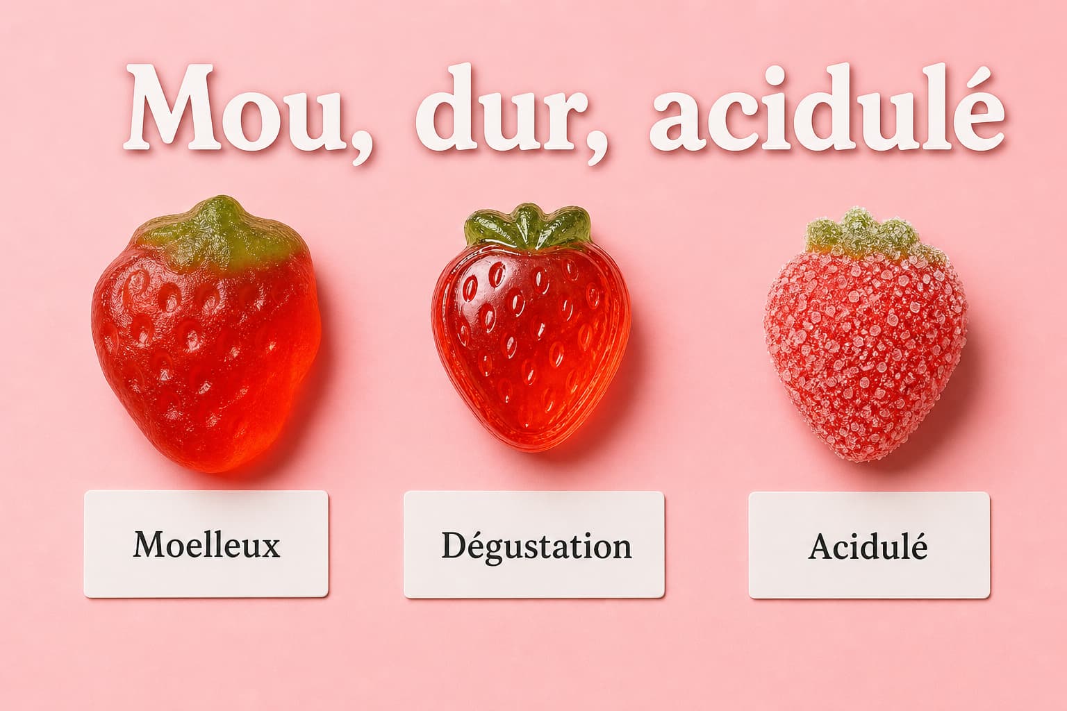 Une composition à plat présentant trois bonbons à la fraise illustrant différentes textures : un moelleux à gauche, un dur au centre et un acidulé à droite, chacun avec une petite étiquette, sur fond rose doux, avec un texte superposé