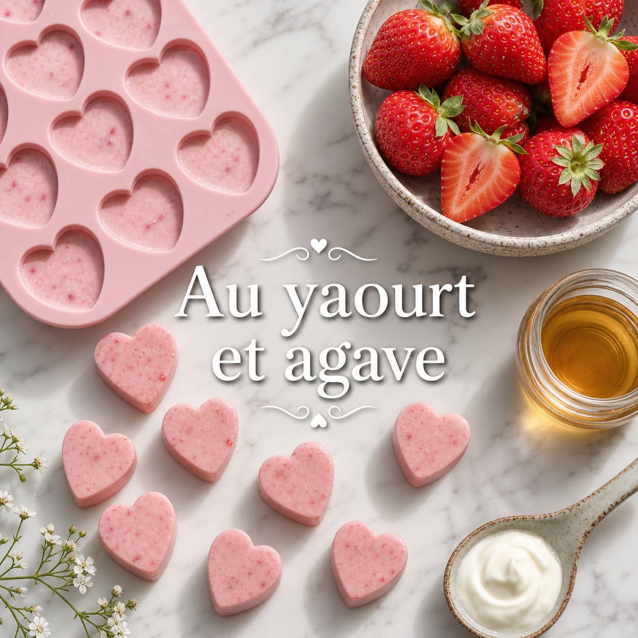 Bonbons gélifiés en forme de cœur à la fraise et au yaourt, démoulés sur un plan de travail en marbre, accompagnés d