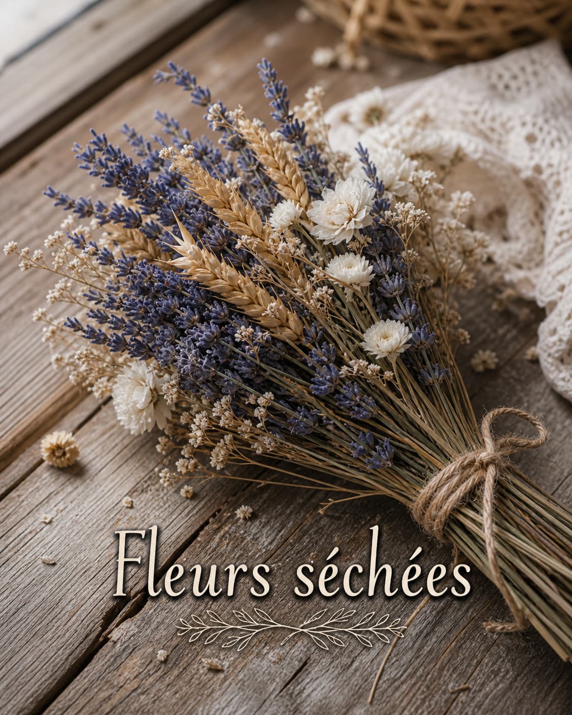 Bouquet de lavande séchée, tiges de blé et fleurs en papier pour décoration champêtre