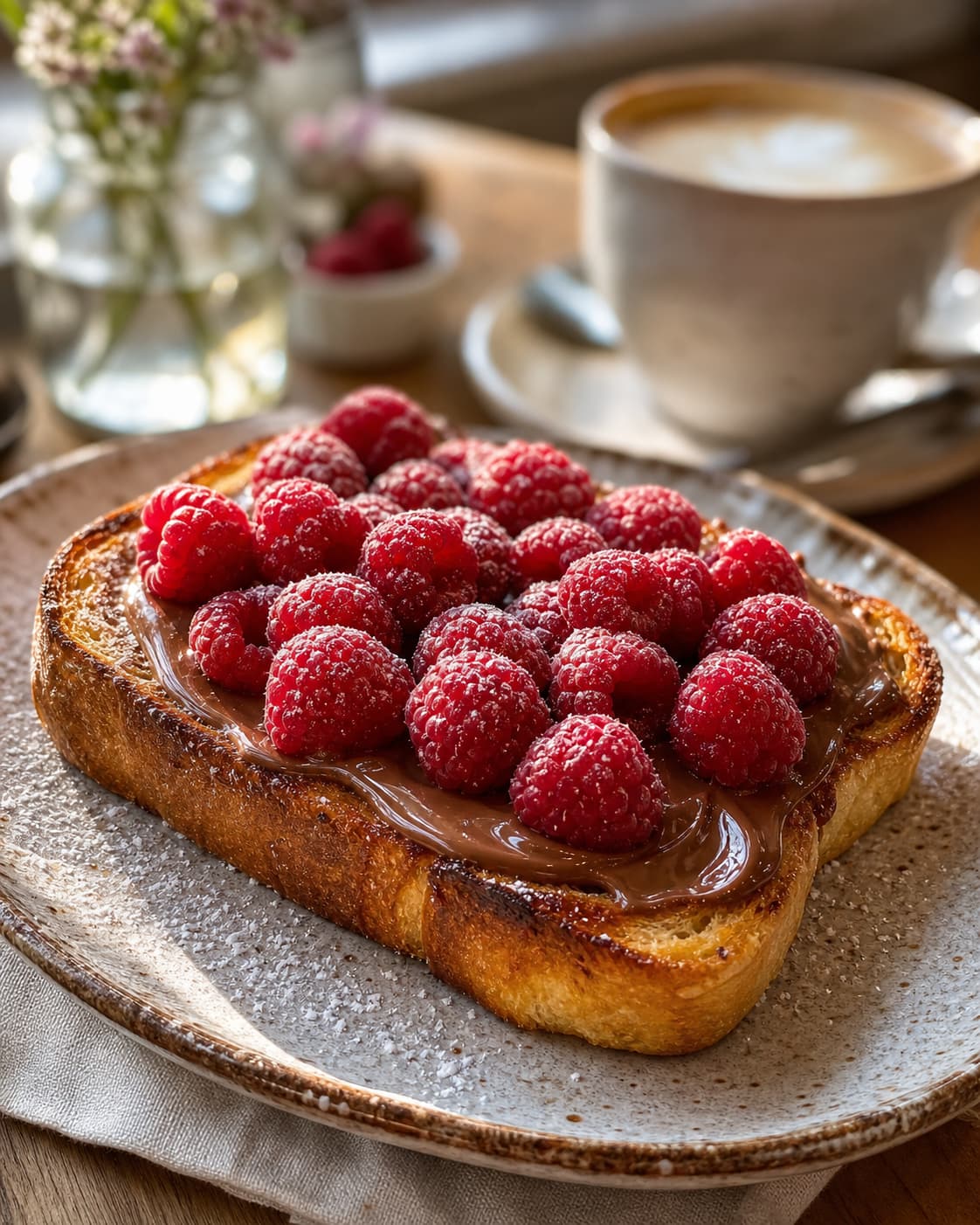 Une épaisse tranche de brioche toastée tartinée de praliné aux noisettes, garnie de framboises fraîches et saupoudrée de sucre glace, posée sur une assiette en céramique rustique avec une tasse de café en arrière-plan.
