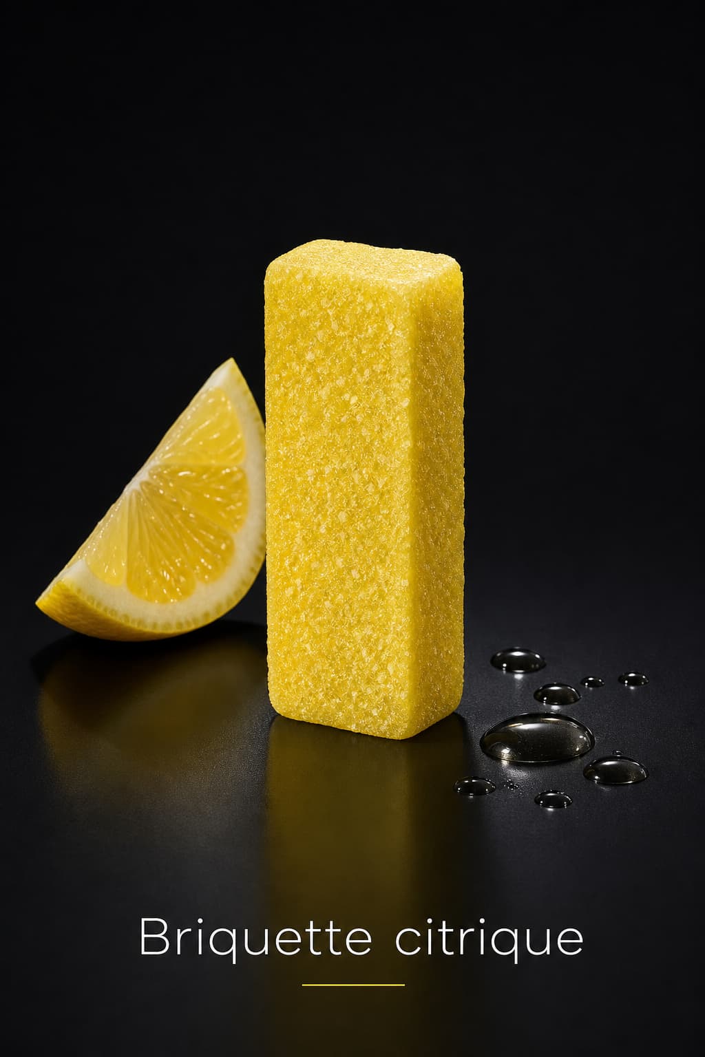 Un bonbon acidulé jaune vif en forme de briquette avec une texture de mini-brique, posé verticalement sur une surface sombre, accompagné d’une tranche de citron et de gouttelettes d’eau, le texte