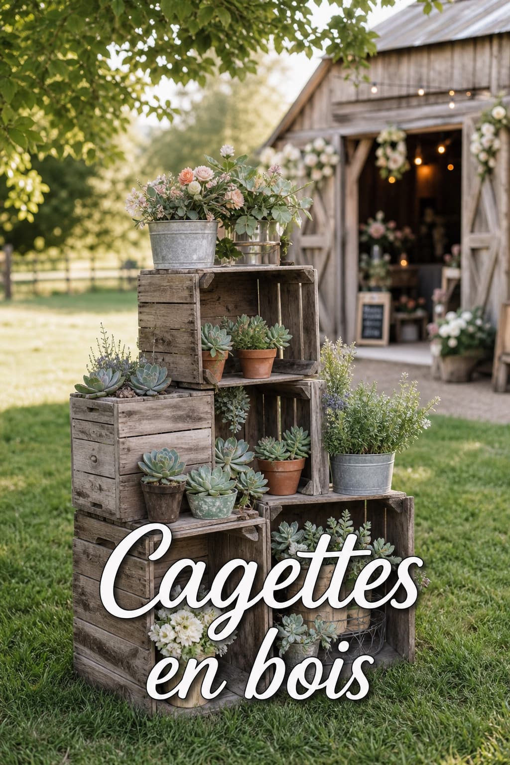 Cagettes en bois vieilli empilées servant de support à des succulentes, devant une grange