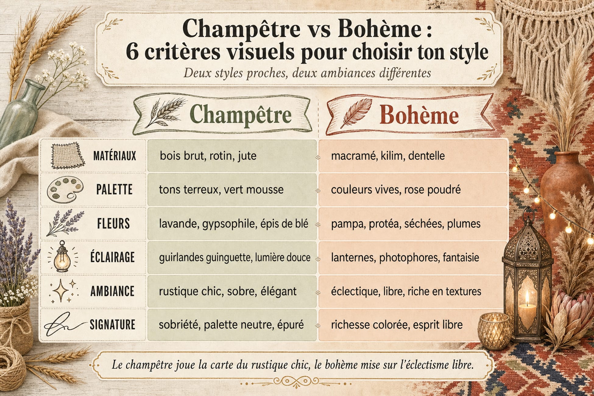 Infographie comparative des styles champêtre et bohème pour une décoration de mariage