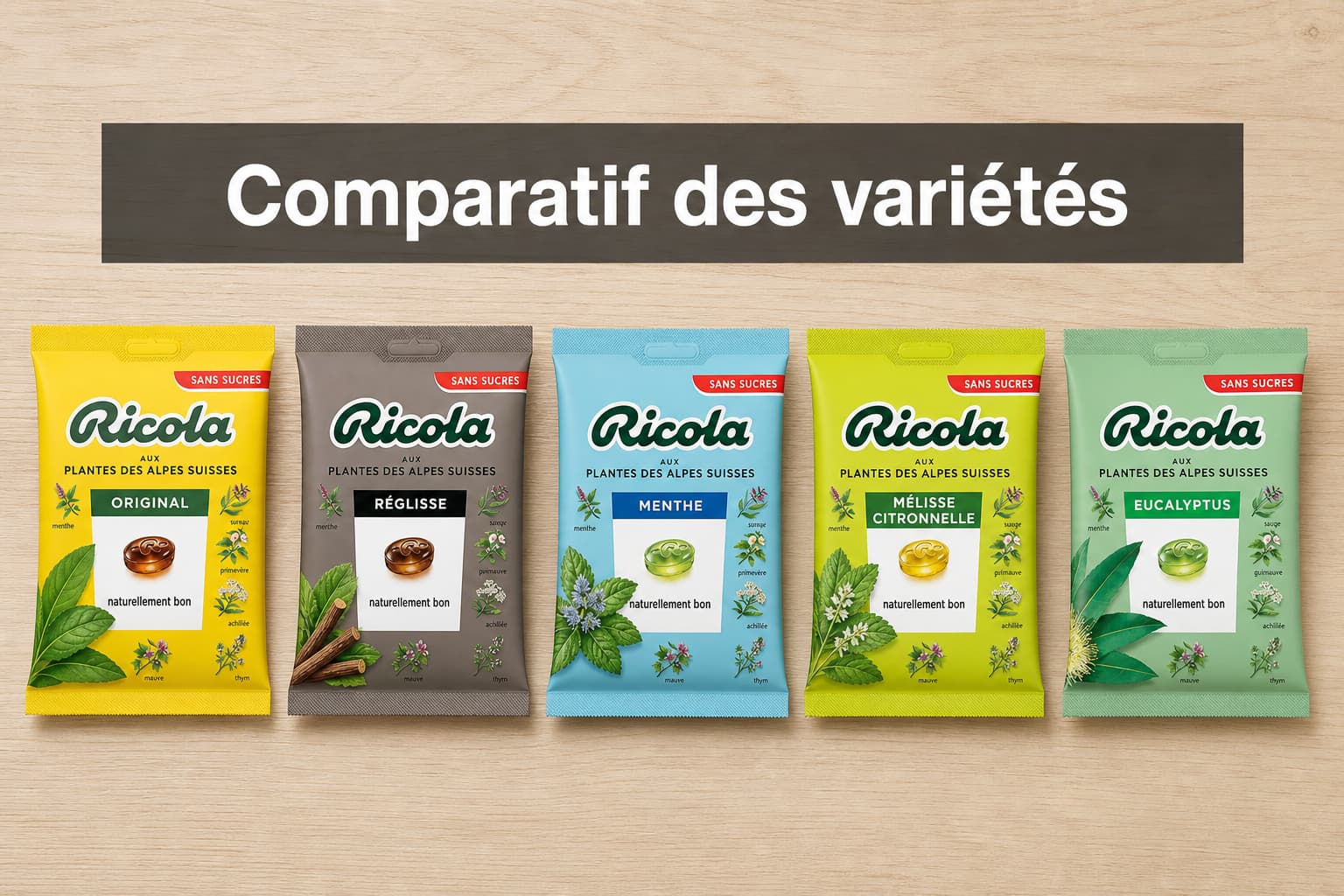 Cinq emballages de bonbons Ricola sans sucre alignés à plat sur une surface en bois clair avec un texte sombre en superposition.