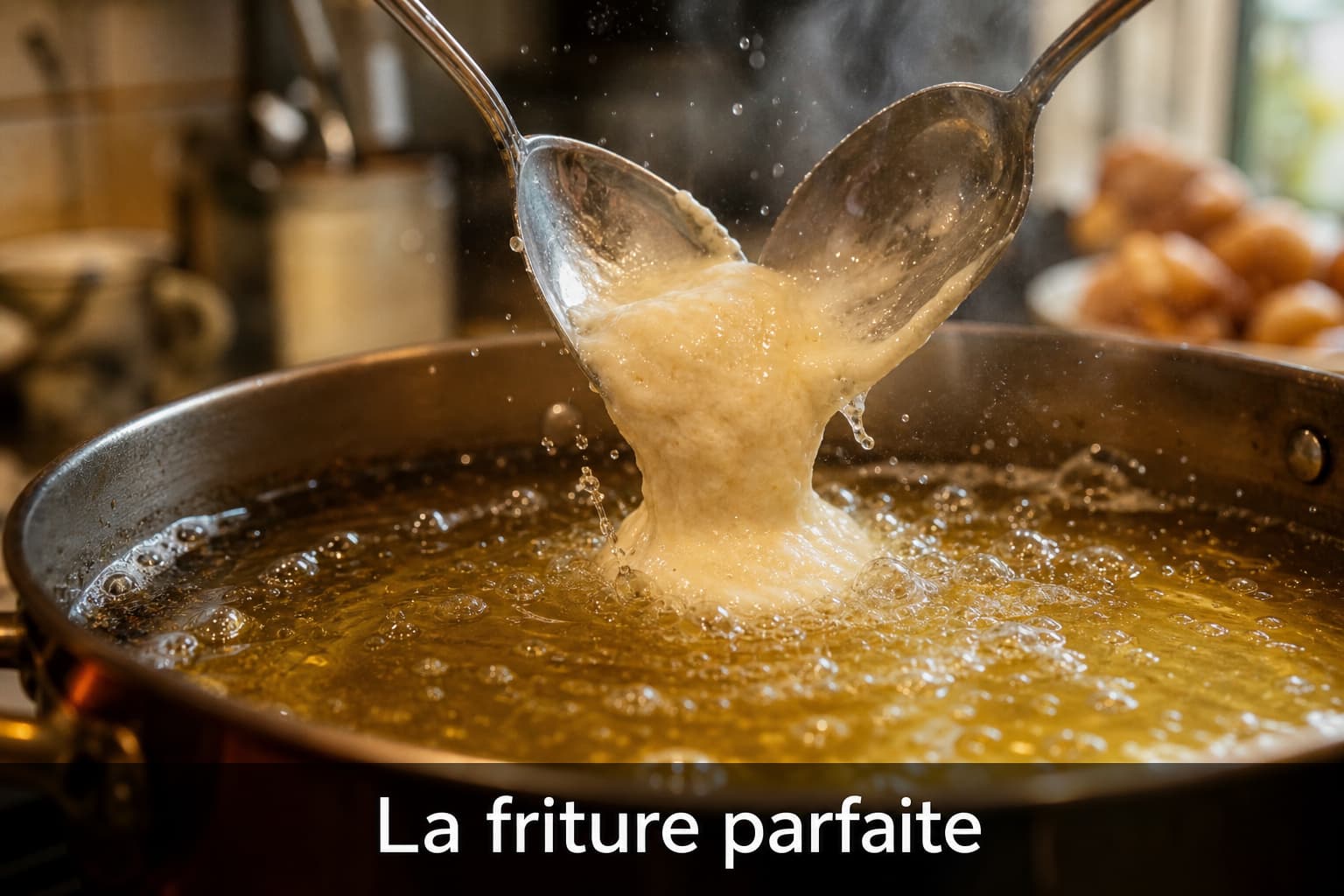 Deux cuillères en métal prélèvent une cuillerée de pâte à beignet épaisse et la laissent tomber dans une casserole d