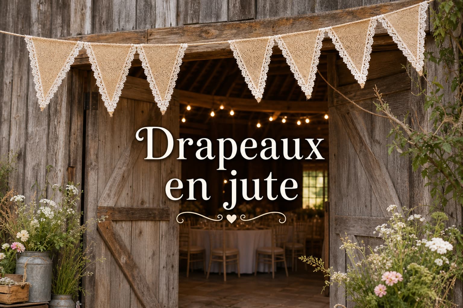 Guirlande de drapeaux en toile de jute avec des bordures en dentelle suspendue au-dessus d