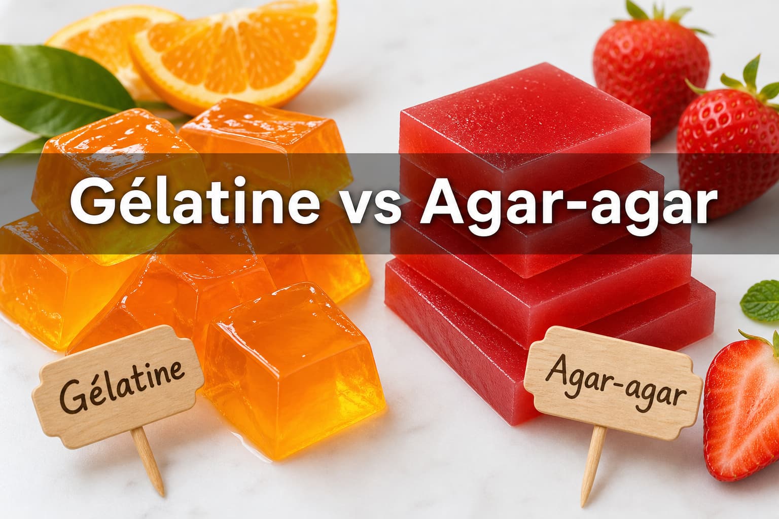 Composition en flat lay de deux bonbons aux fruits faits maison : une gelée d