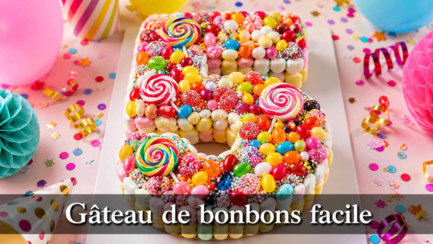 Un gâteau coloré en forme de grand chiffre, recouvert de bonbons variés tels que chamallows, bonbons gélifiés et sucettes, sur une table festive parsemée de confettis, avec le texte superposé