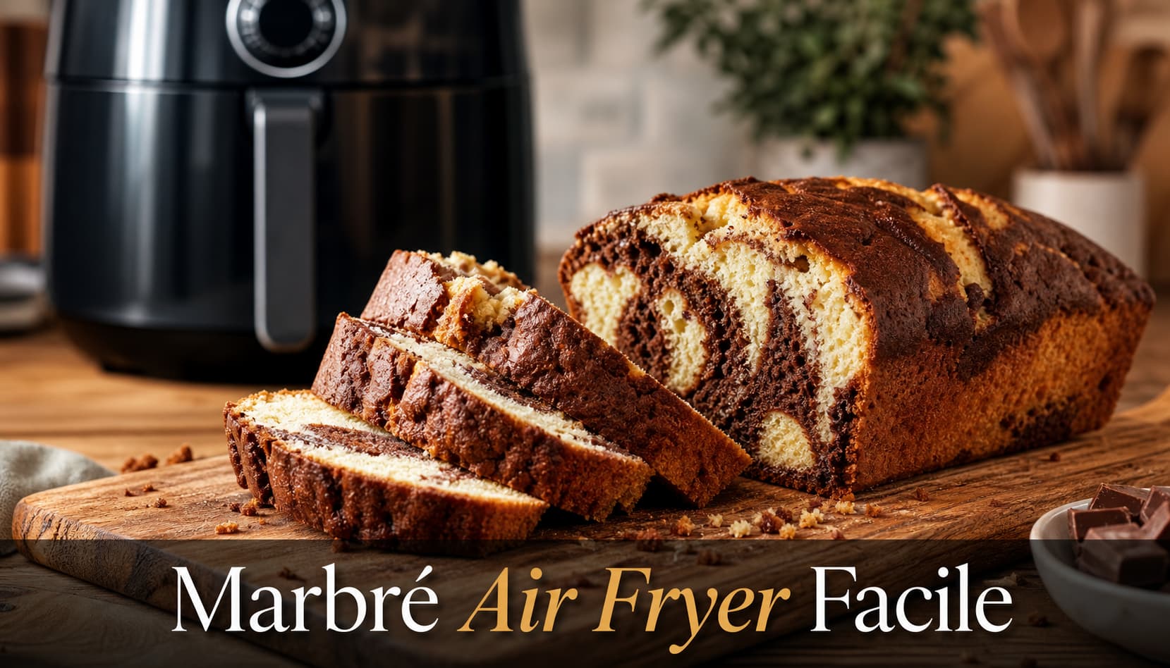 Gâteau marbré moelleux tranché avec marbrure vanille-chocolat, planche en bois, miettes, air fryer flou en arrière-plan et texte superposé