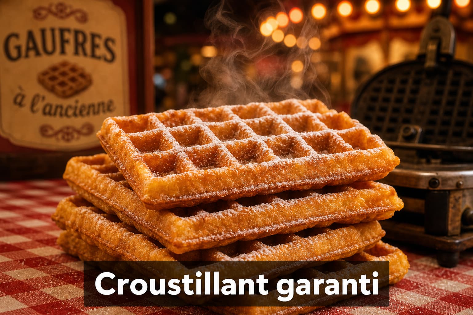 Une pile de gaufres dorées et croustillantes saupoudrées de sucre glace, sur une nappe à carreaux rouges et blancs, avec des lumières de fête foraine floues, un gaufrier vintage en arrière-plan, de la vapeur qui s