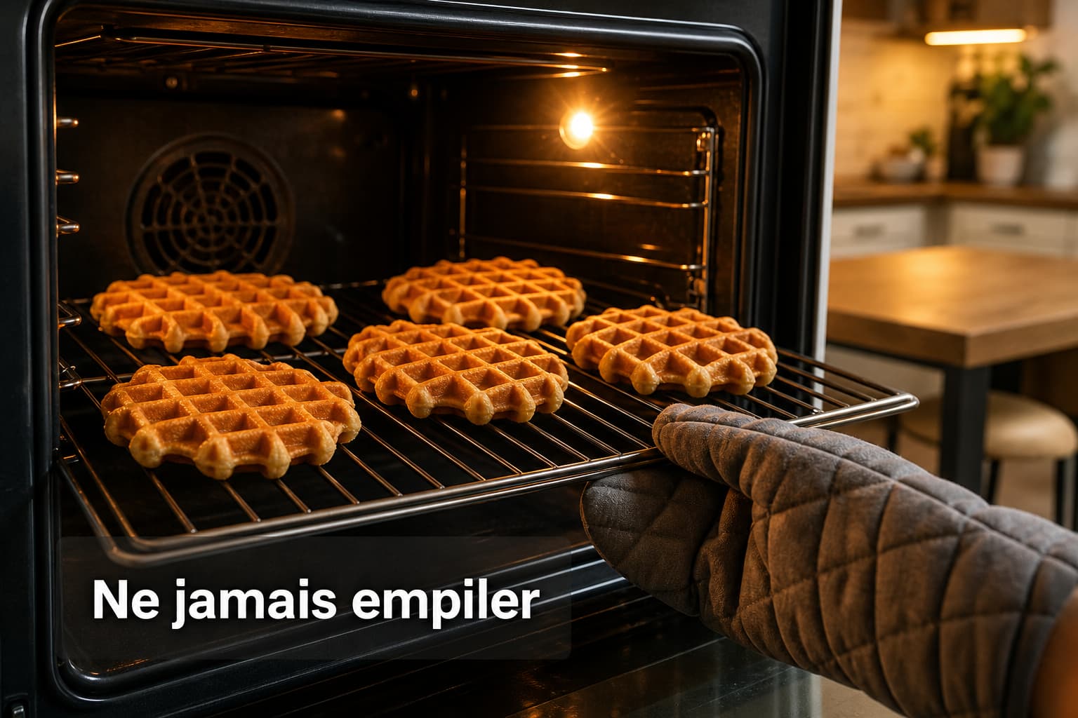 Des gaufres dorées sur une grille dans un four chaud, une main gantée tirant la grille, avec le texte