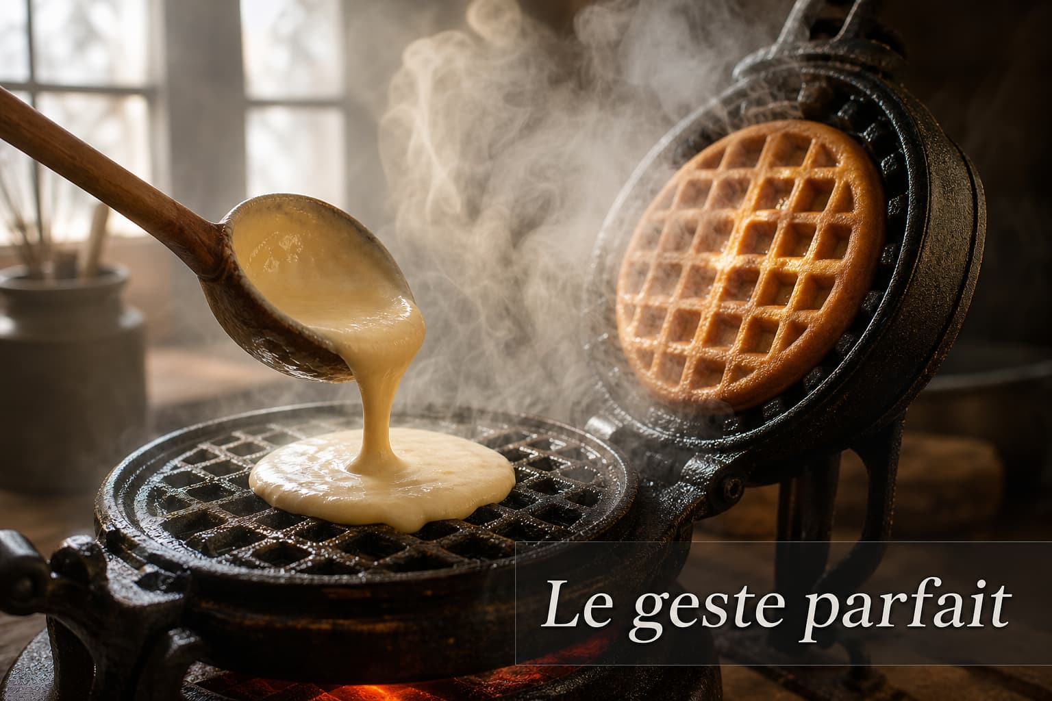 Un gaufrier en fonte vintage vu en contre-plongée, une louche en bois verse de la pâte crémeuse sur la plaque chaude et grésillante, de la vapeur s’élève, le gaufrier rougeoie de chaleur, un gaufre doré est partiellement visible à travers la vapeur, une cuisine doucement éclairée par une lumière naturelle, un texte
