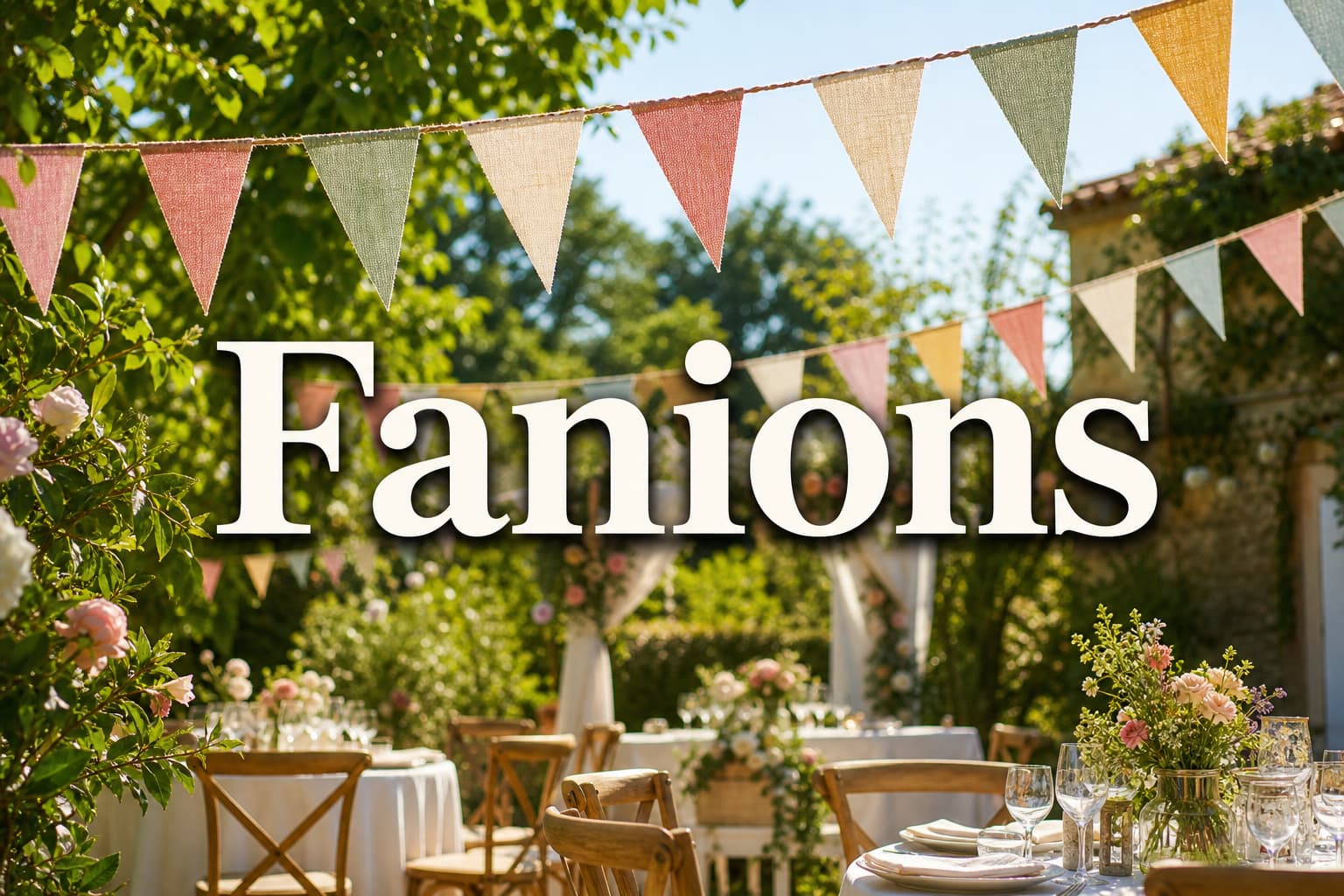 Guirlande de fanions colorés en lin et coton suspendue dans un jardin ensoleillé