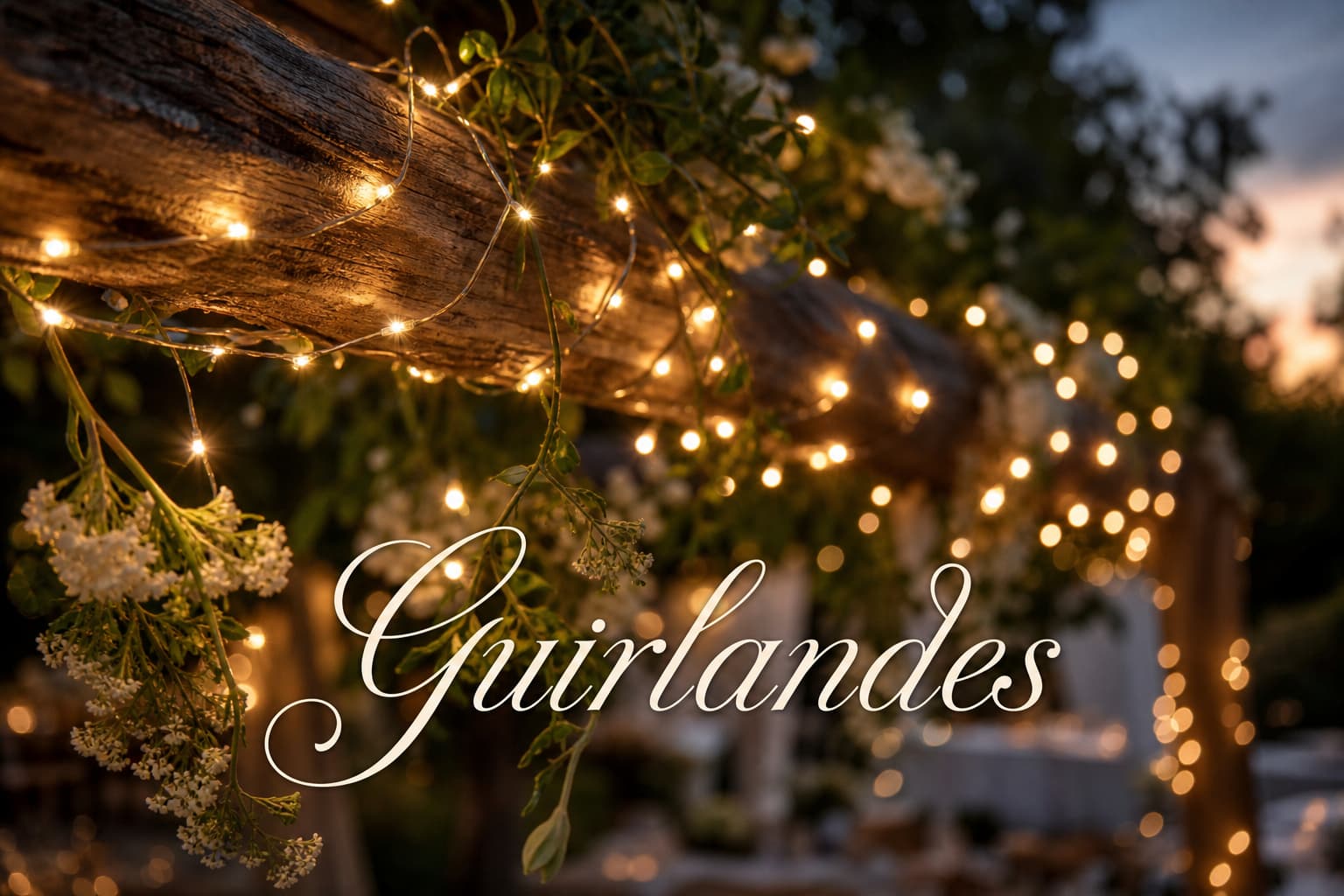 Gros plan de guirlandes lumineuses drapées sur une poutre en bois rustique pour un mariage
