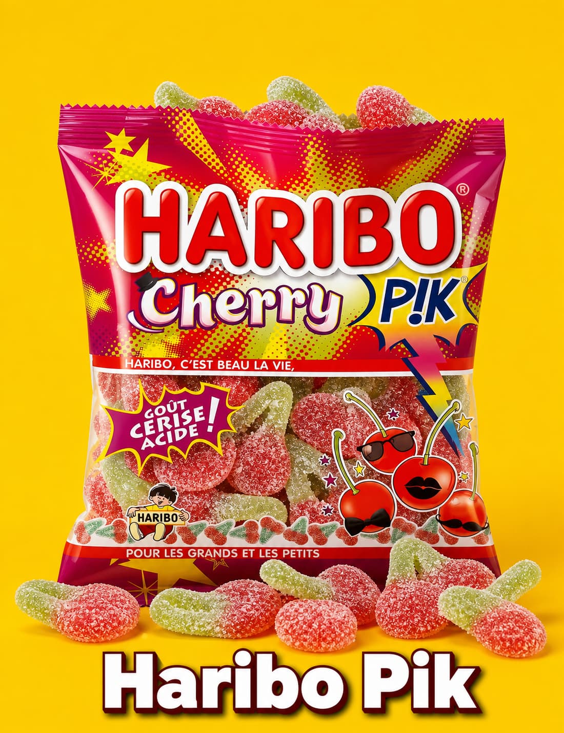 Paquet de bonbons acides Haribo Pik sur fond jaune vif, quelques bonbons gélifiés colorés éparpillés à côté du sachet ouvert et le nom de la marque affiché en bas.